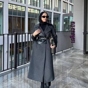 Tailored Long Black Trench Coat with Faux Leather Belt